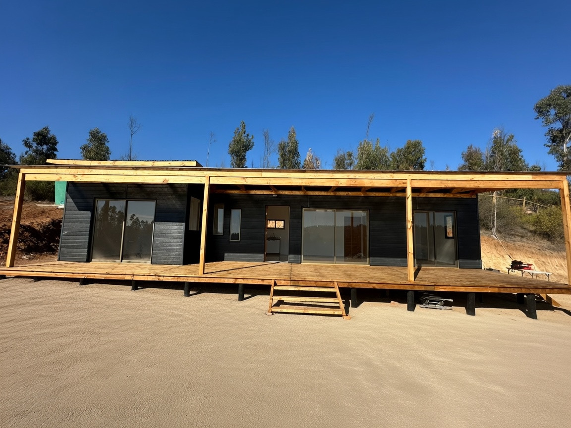 Casa Metalcon negra con deck de madera